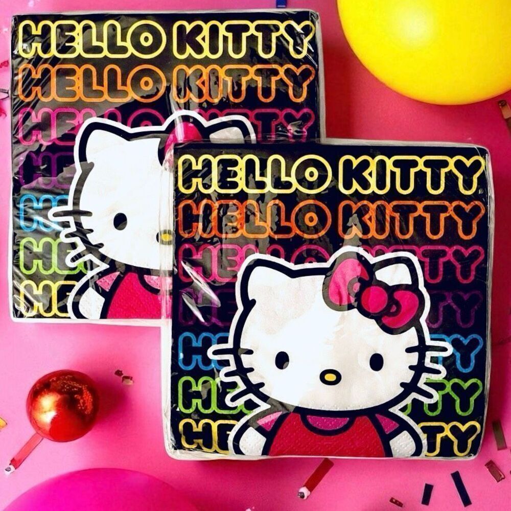 NWT Sanrio 32 Black HELLO KITTY Neon 16 Pack(x2) 2 Ply Birthday Paper Napkins